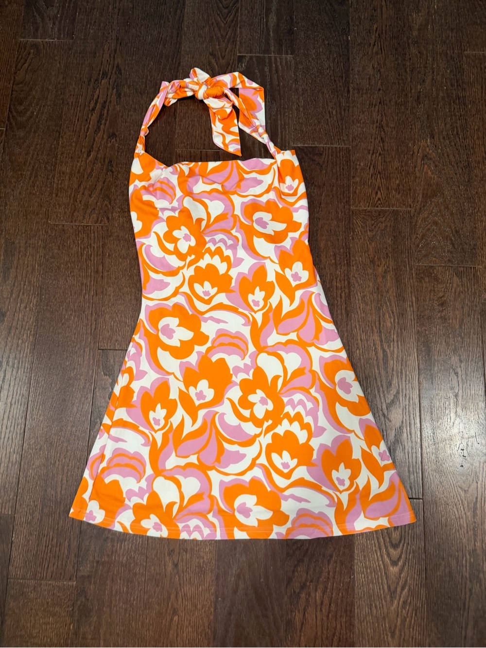 Halter Mini Dress in Orange & Pink Floral Print